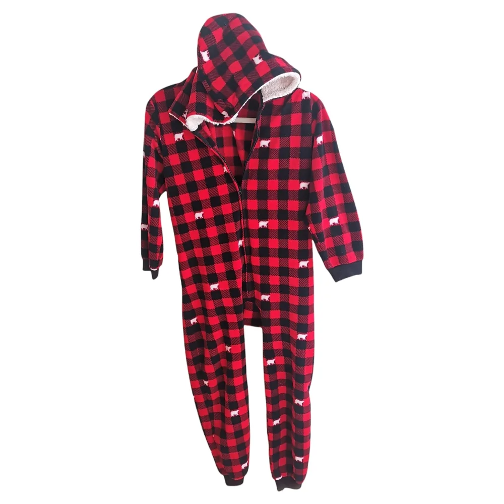 Children's Place Hooded Fleece Plaid Kids Onesie Size Large 10/12 Buffalo Check - Picture 2 of 5